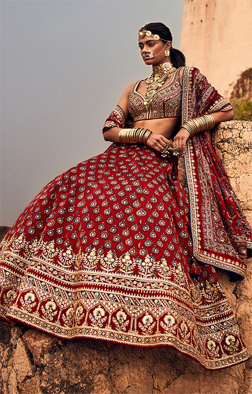 Laukya Ajrakh Lehenga Set - Red