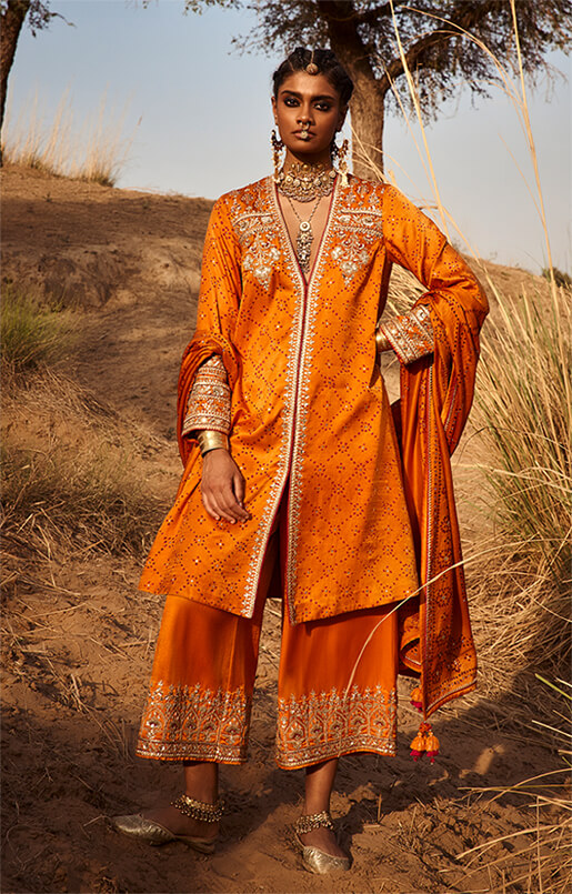 Ganavi Bandhani Kurta Set – Orange