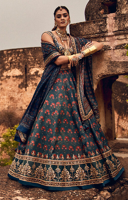 Pavaki Ajrakh Lehenga Set – Blue