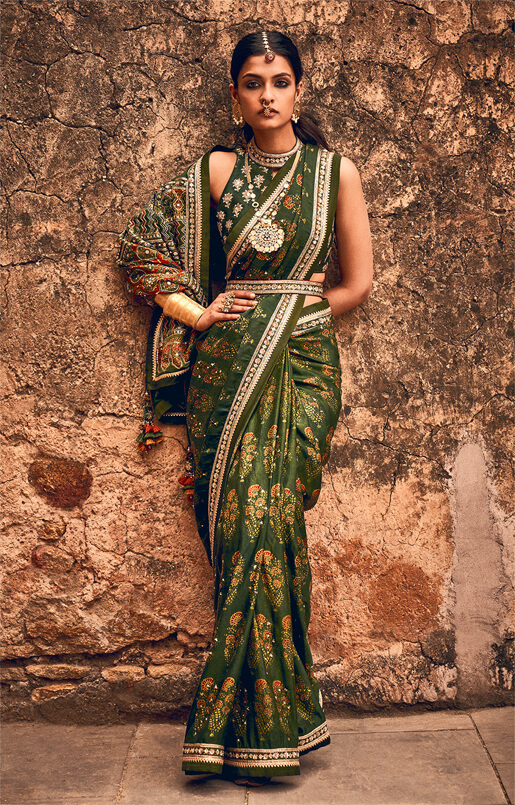 Rutvi Ajrakh Saree – Emerald