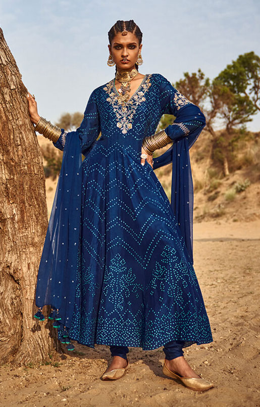 Manah Bandhani Anarkali Set - Blue