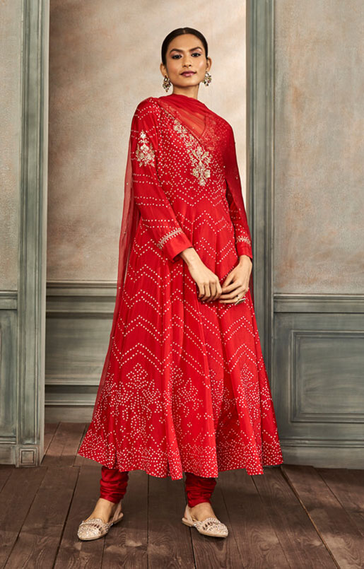 Manah Bandhani Anarkali Set - Red