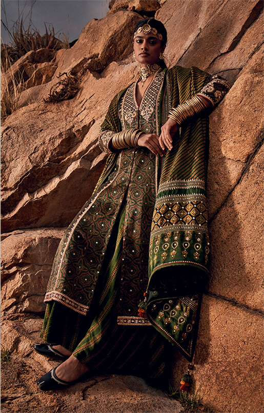 Leher Ajrakh Sharara Set – Emerald