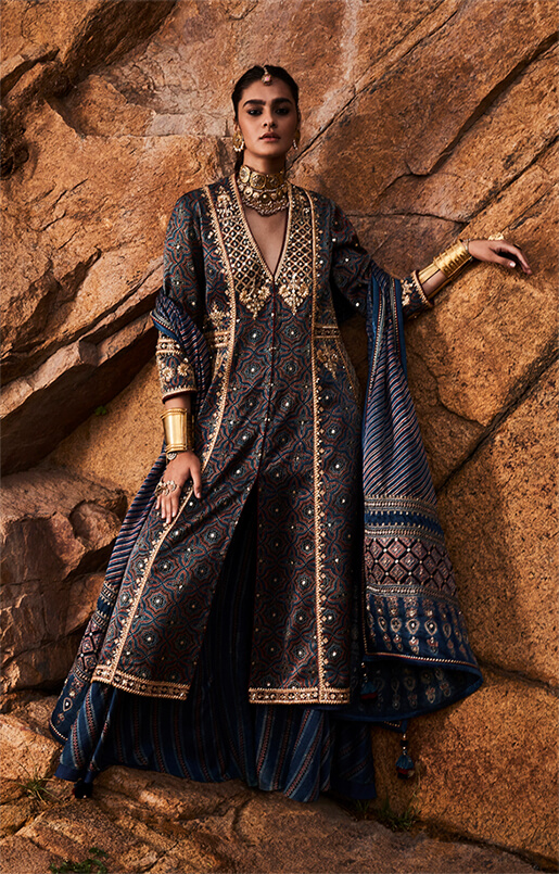 Vamika Ajrakh Sharara Set - Indigo